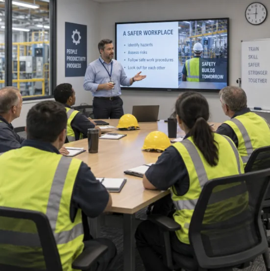 Deal With It® trainer presenting a safer workplace session to site workers in hi-vis